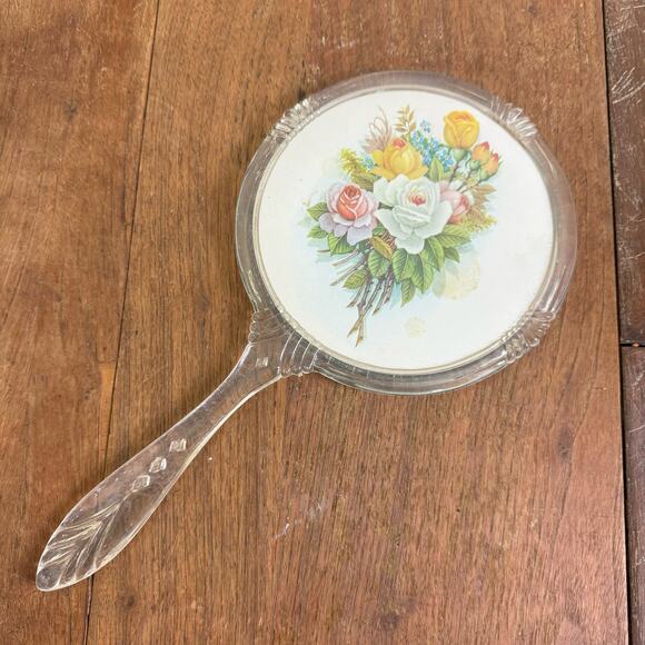 Vintage‎ MCM Mid Century Clear Lucite Handheld Vanity Mirror Flower Design - Picture 1 of 7